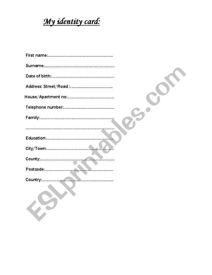 My identity card  worksheet
