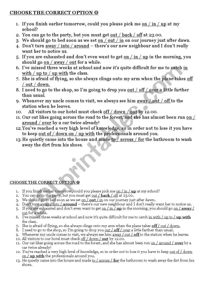 Phrasal Verbs CHOOSE worksheet