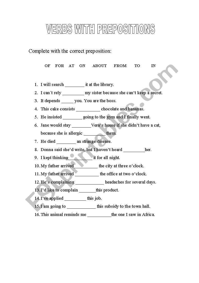 VERBS AND PREPOSITIONS worksheet