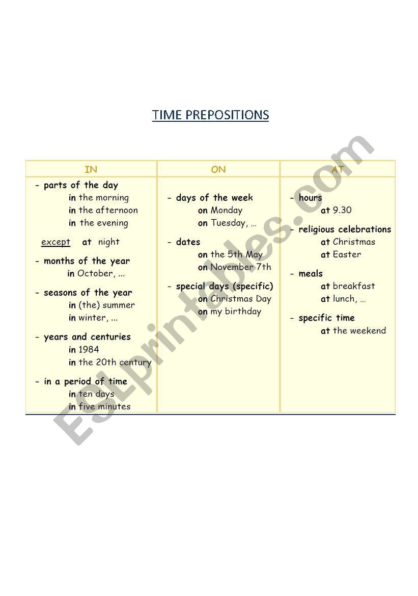 Time prepositions worksheet