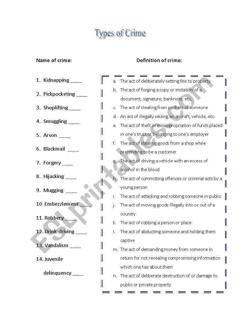 Types of crime 2 worksheet