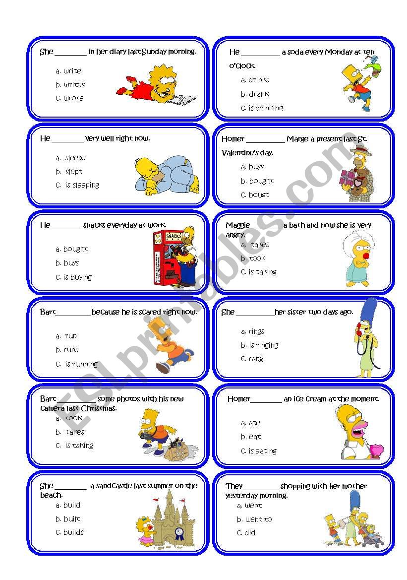 Past simple_present simple_continous cards multiple choice 1/2