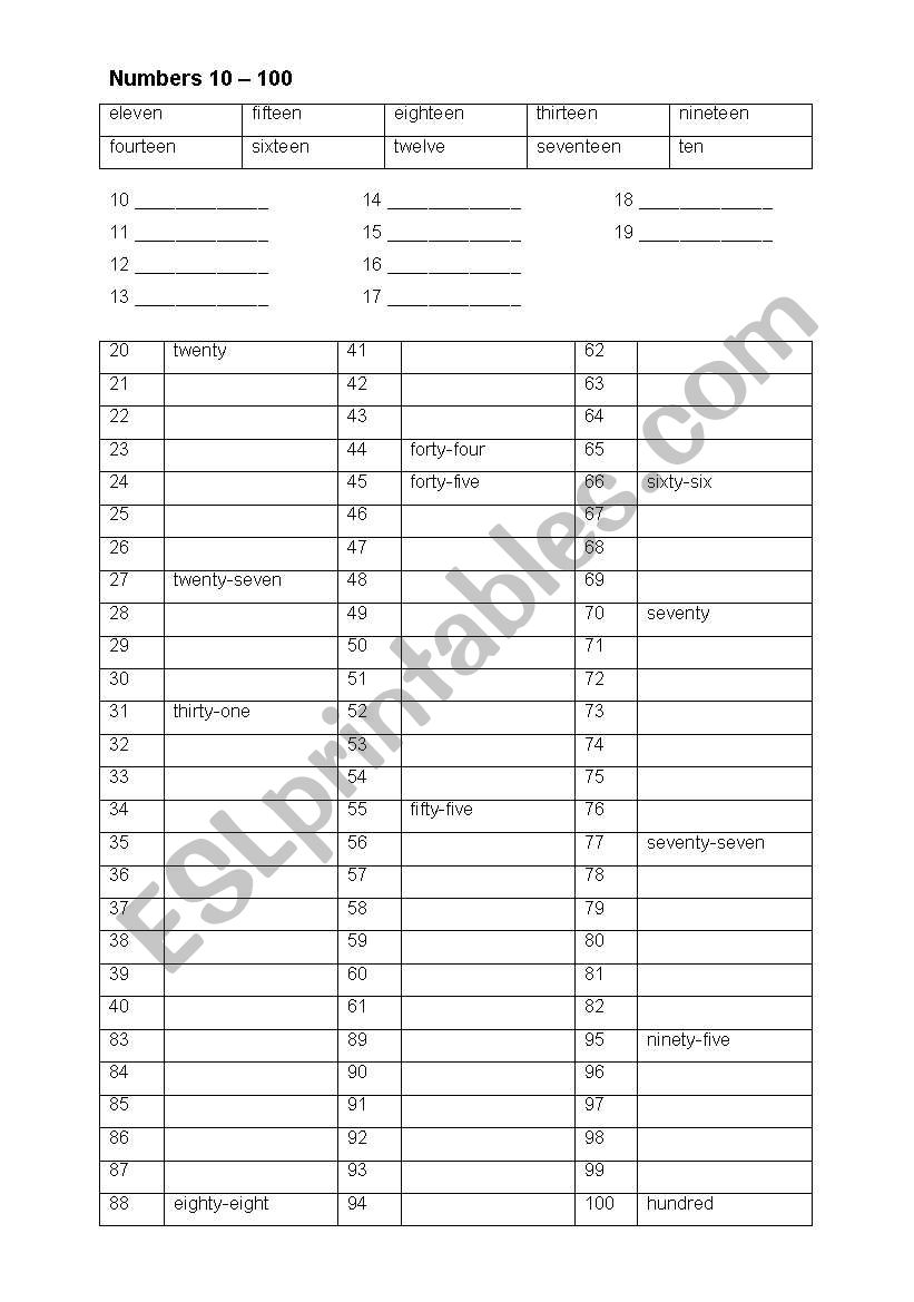 numbers from 10 to 100 worksheet