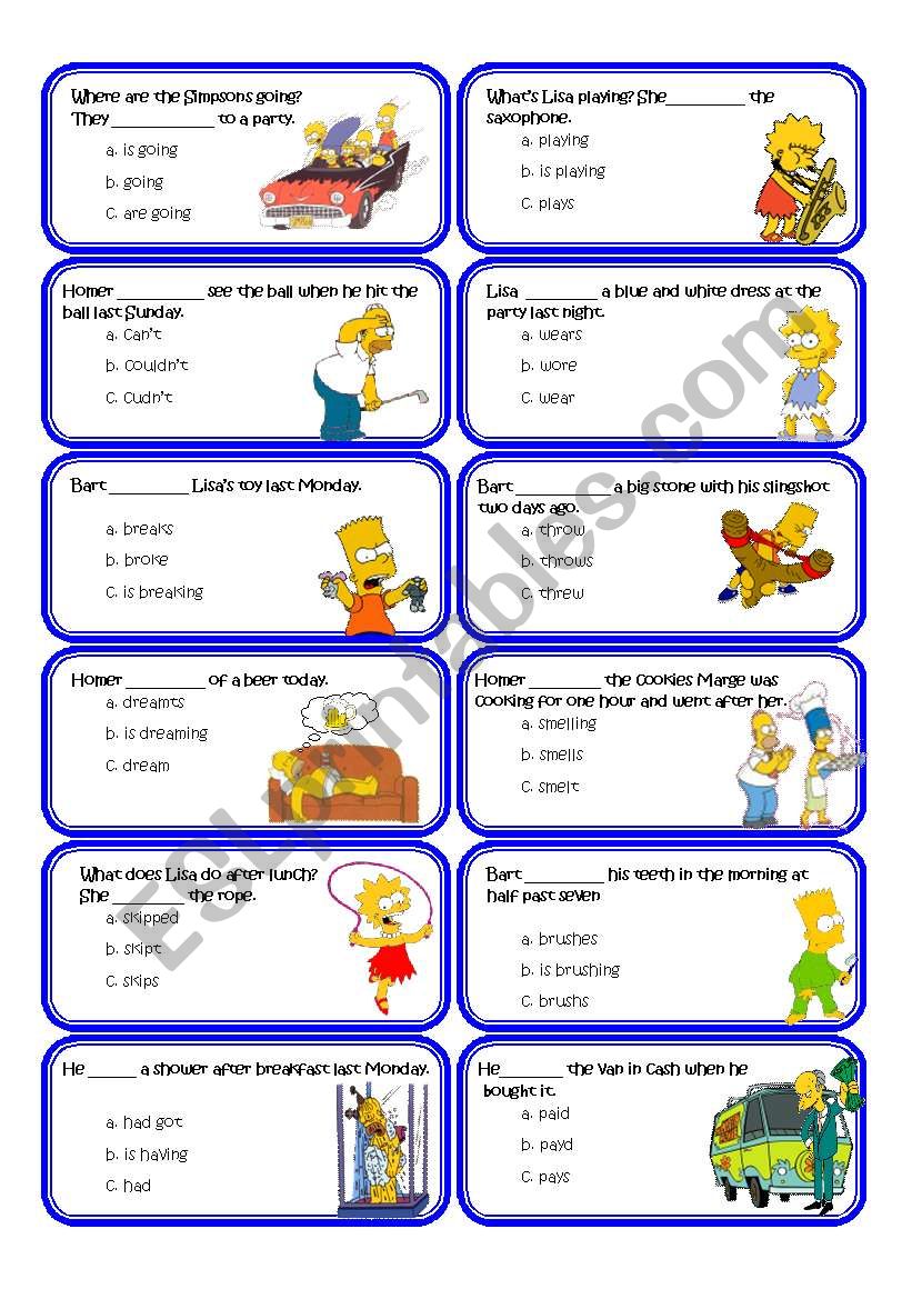 Past simple_present simple_continous cards multiple choice 2/2
