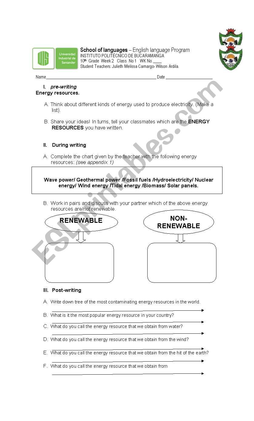 Energy  resources worksheet