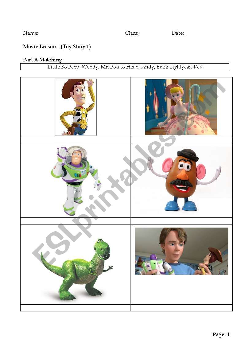Toy Story matching worksheet