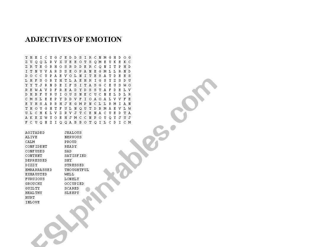 Adjective of emotion worksheet