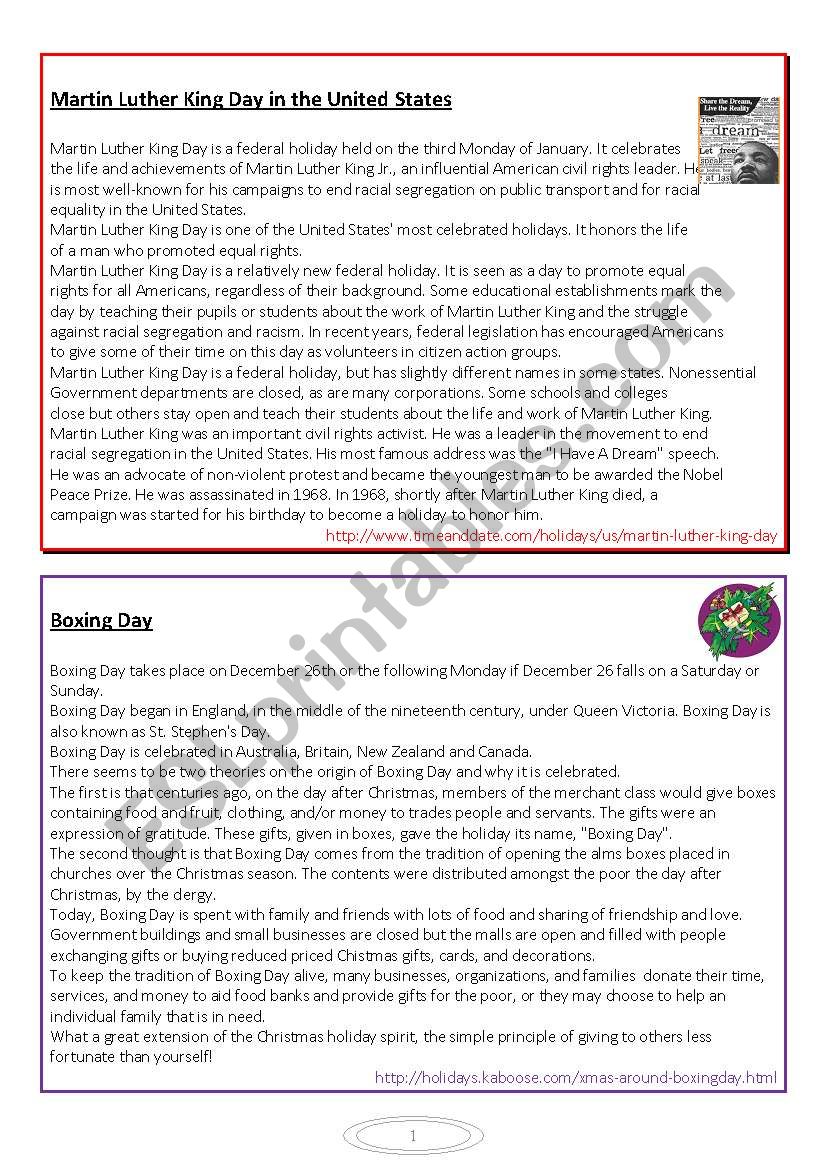 Four Celebrations worksheet