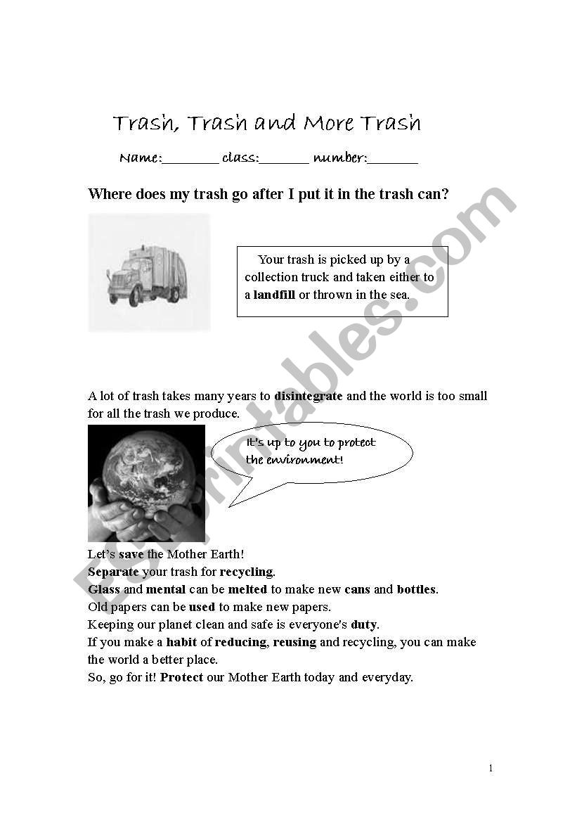 trash, trash and more trash worksheet