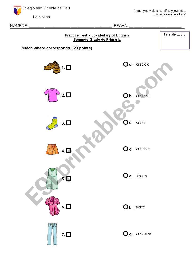 clothe test worksheet