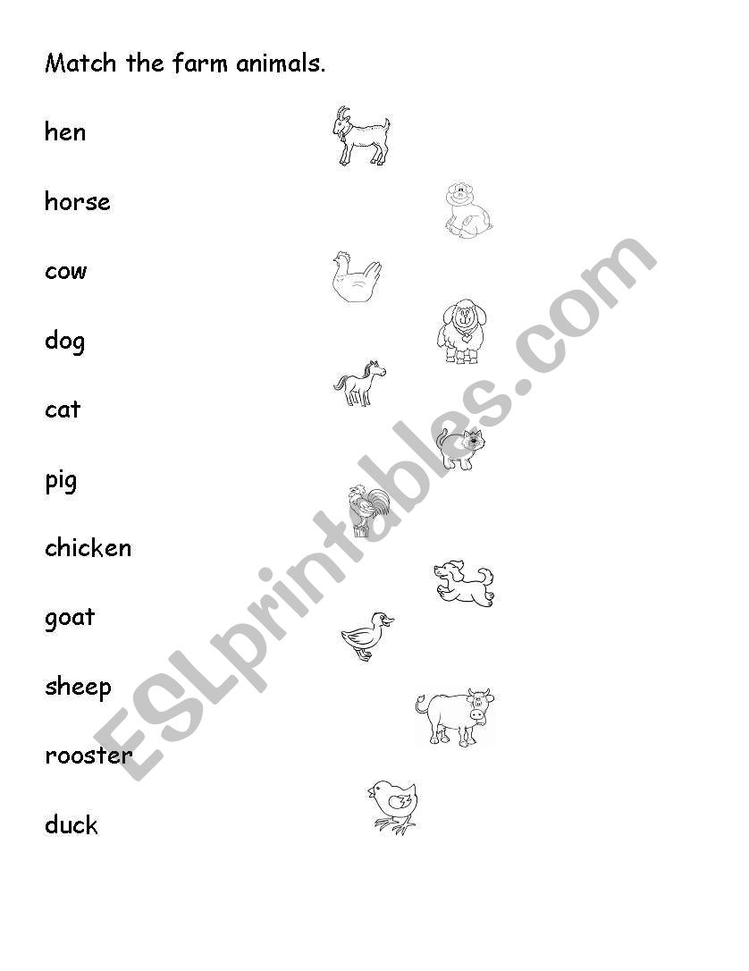 Farm animals match worksheet