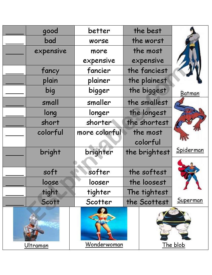 Super heroes comparitives worksheet