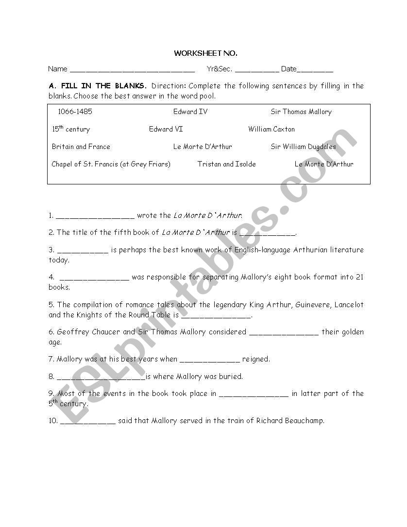 Tristan and Isolde Movie Worksheet