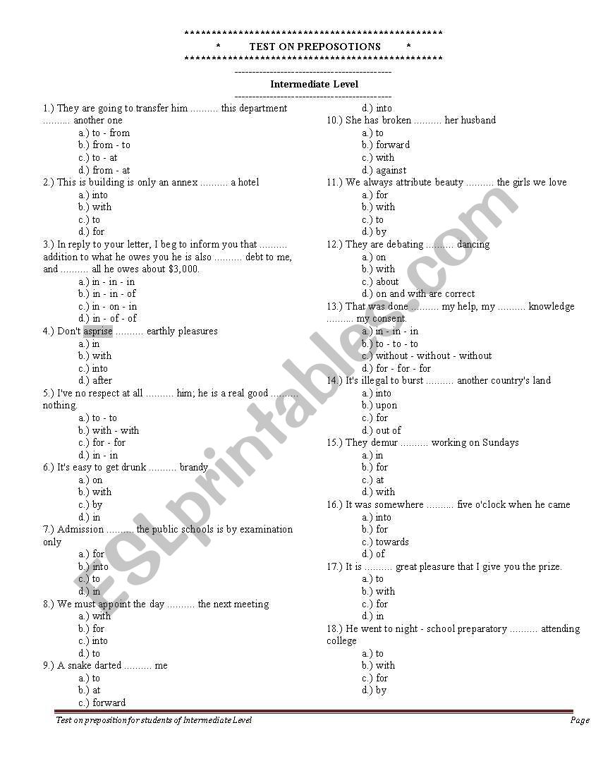 Test on Prepositions - Intermediate