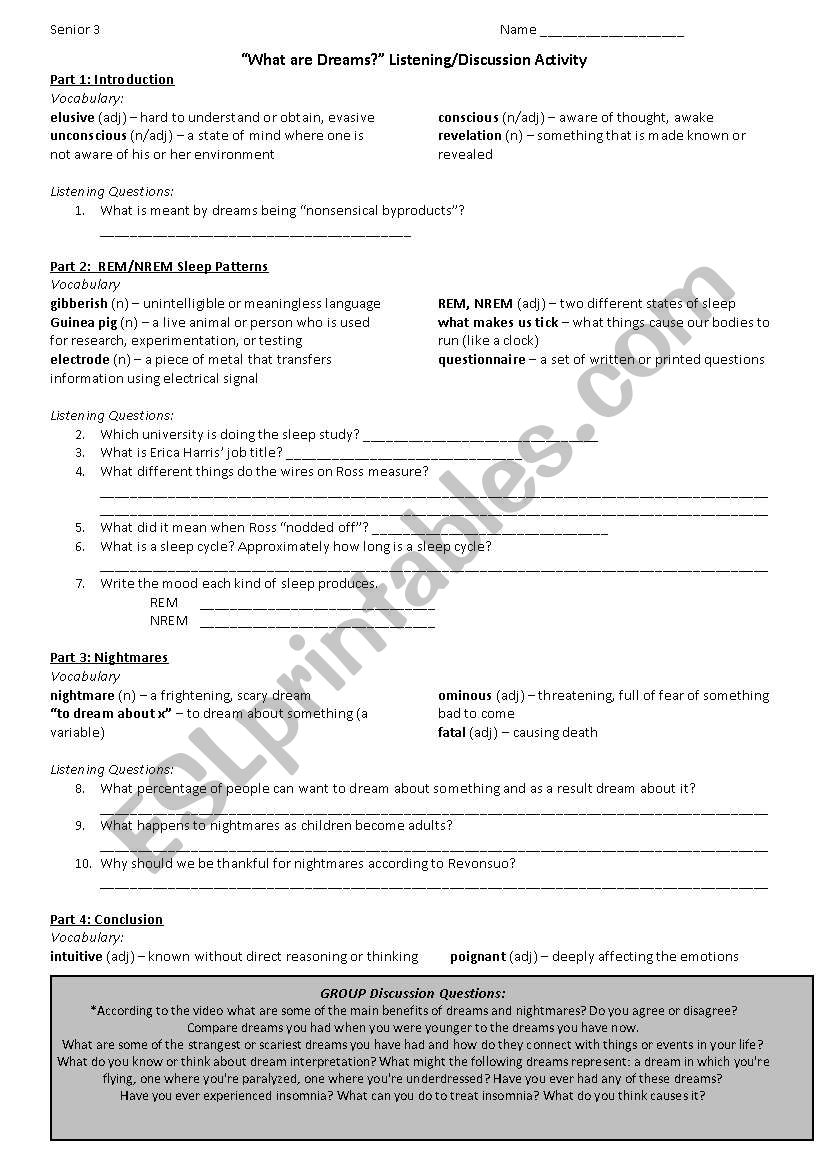 NOVA: What are dreams? worksheet