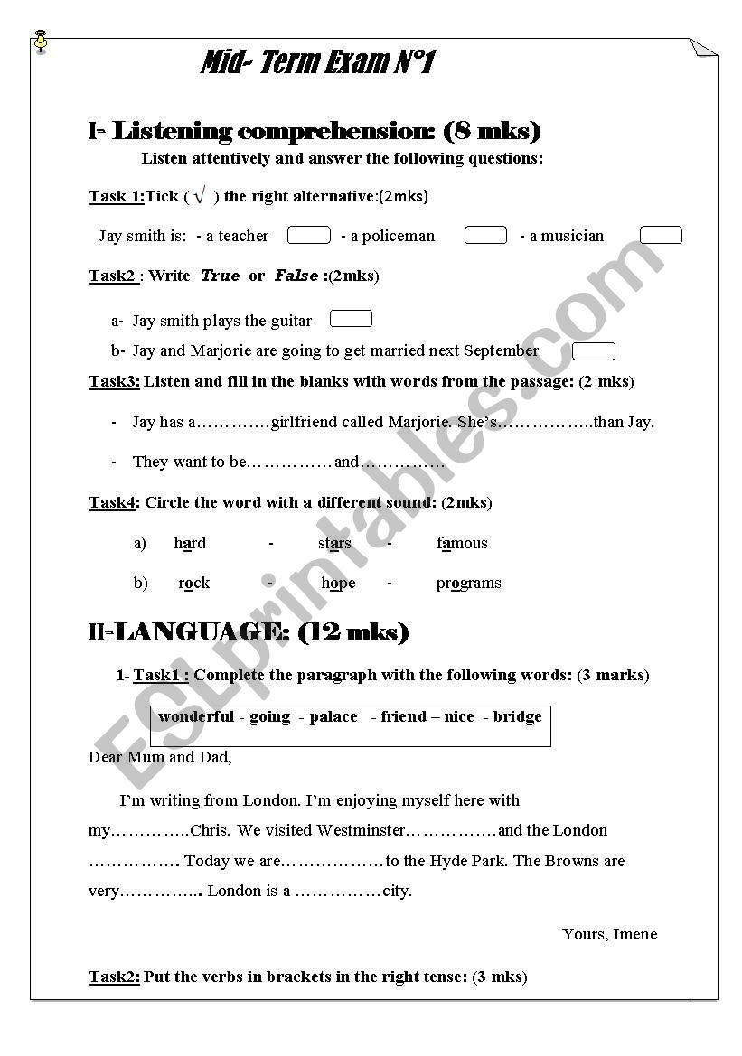 test for tun pupils worksheet