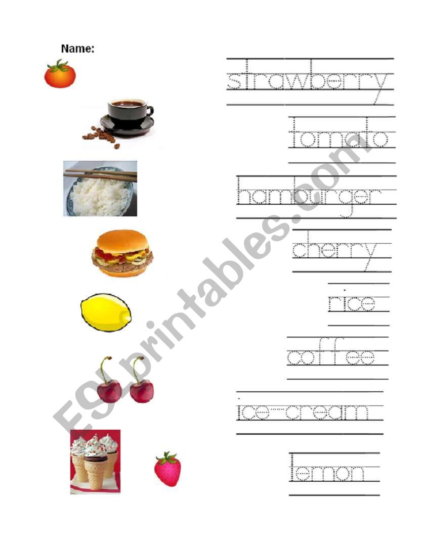 Various Foods Writing practice sheet