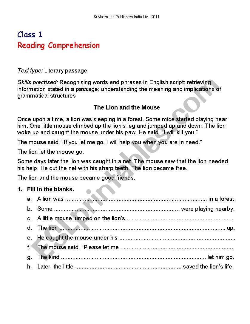 Reading worksheet