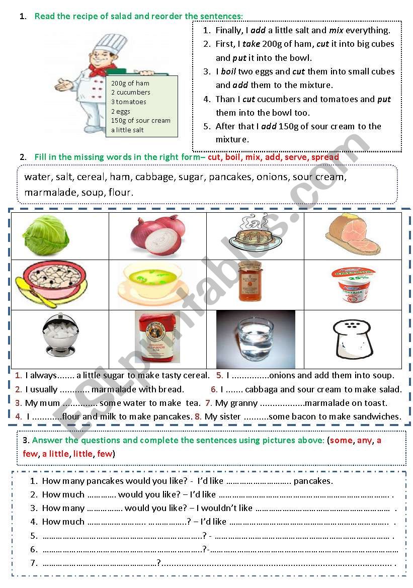 Food (recipe of salad / verbs of cooking / how much_how many