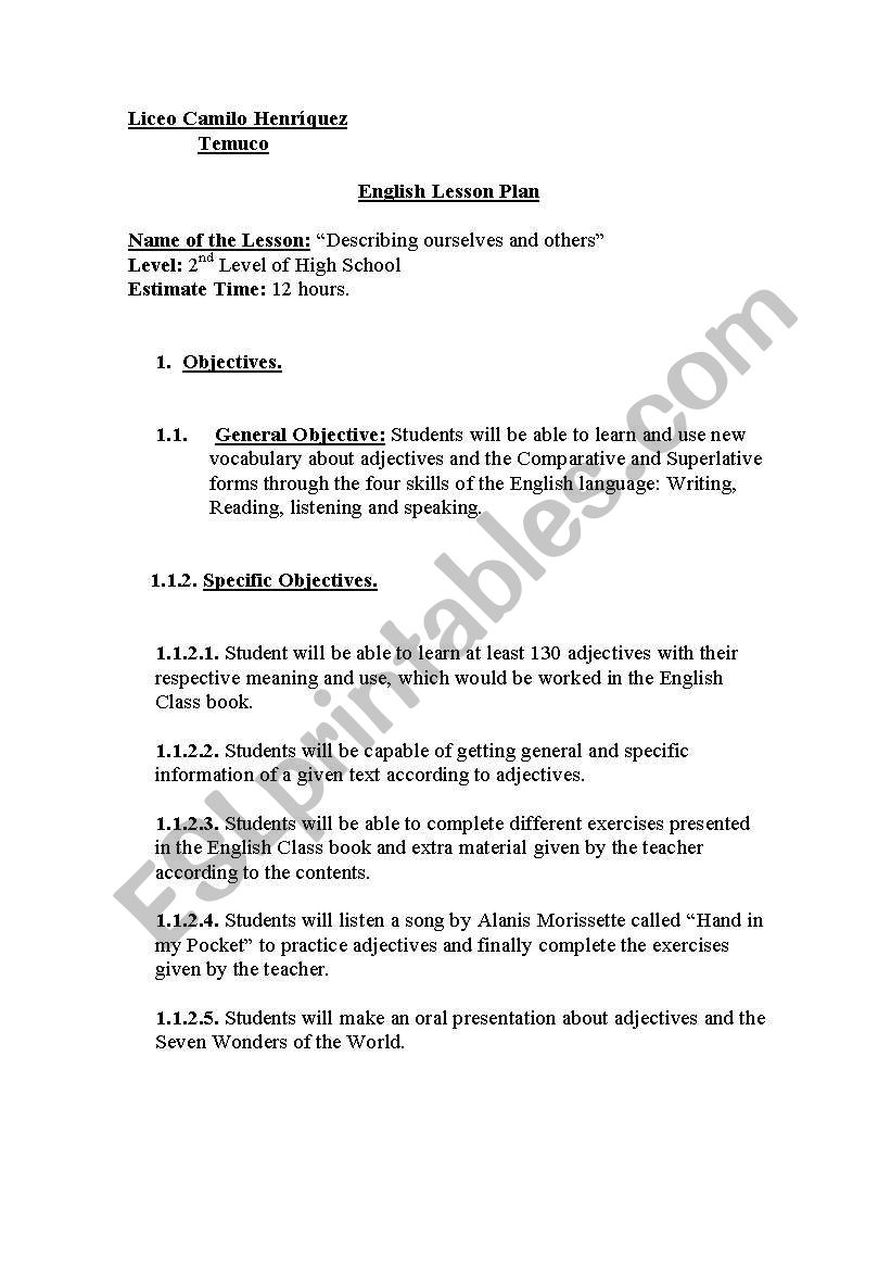 English Lesson Plan worksheet