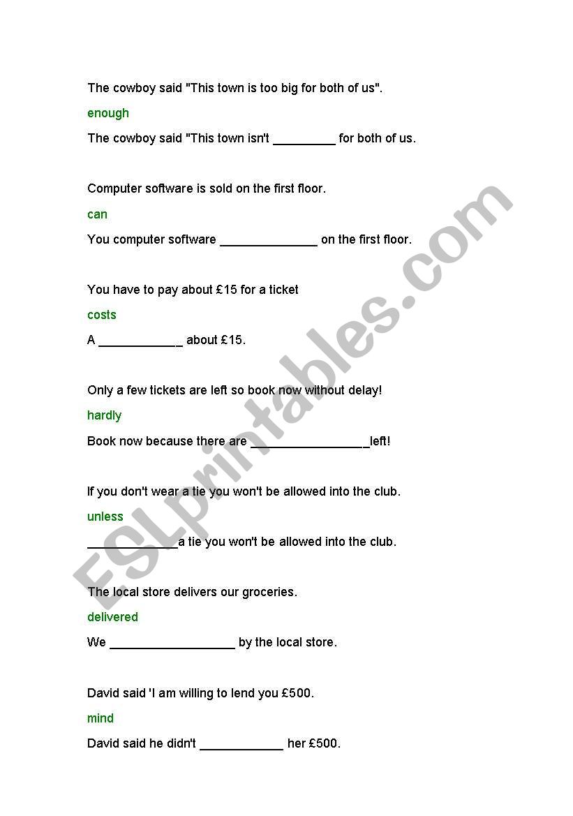 Key word transformation worksheet