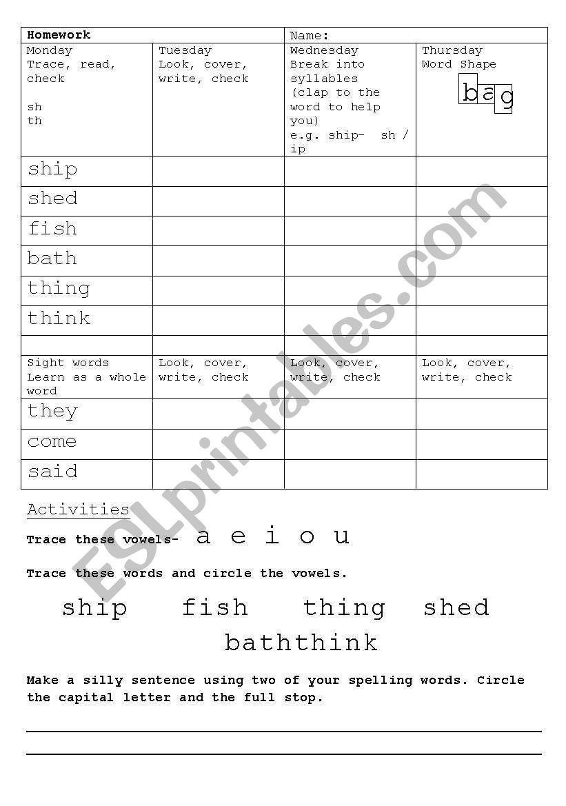 Spelling Homework worksheet