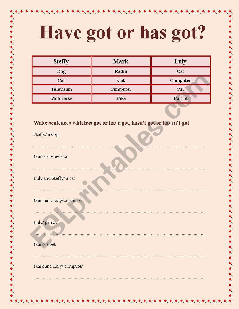 have got or has got? worksheet