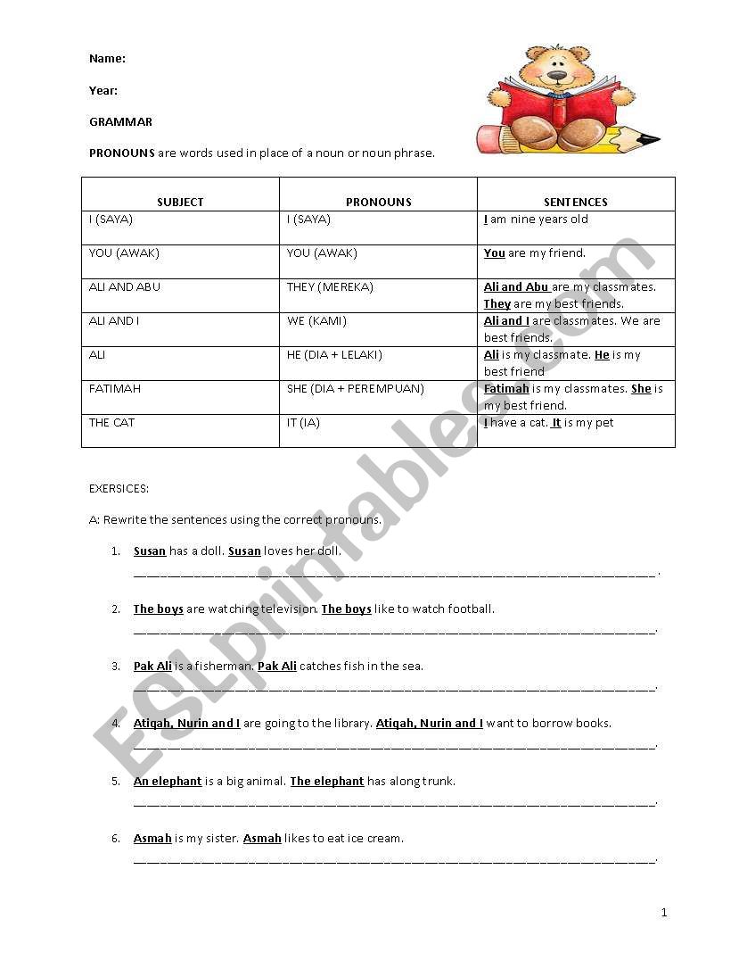 pronouns english malay worksheet