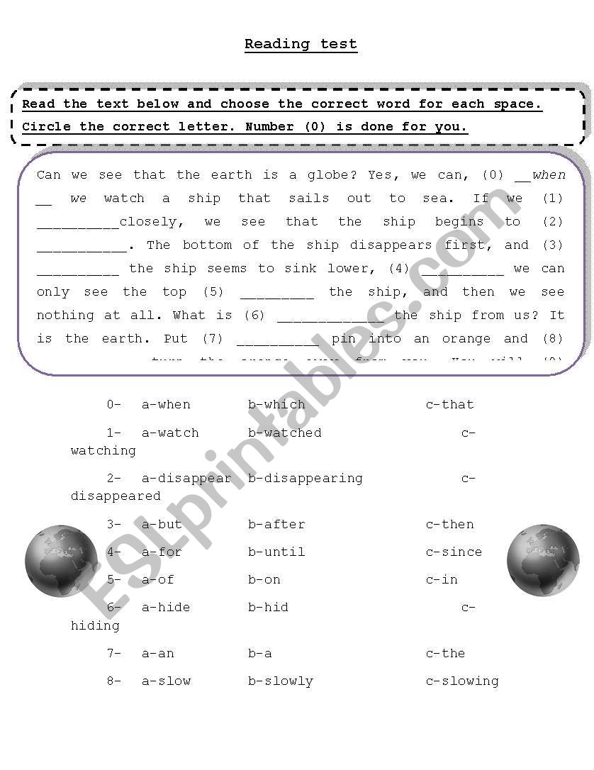 reading close test worksheet