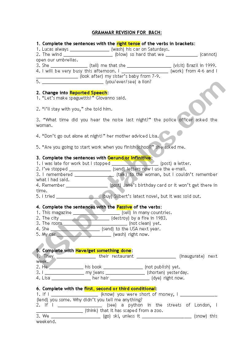 Grammar Revision for Bachillerato