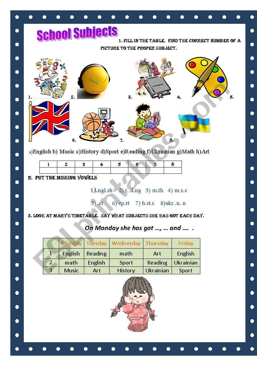 School subjects worksheet