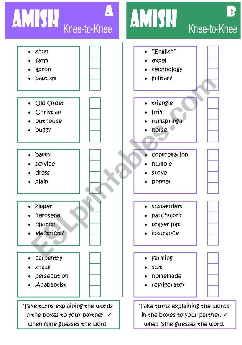 AMISH (Knee-to-Knee) worksheet