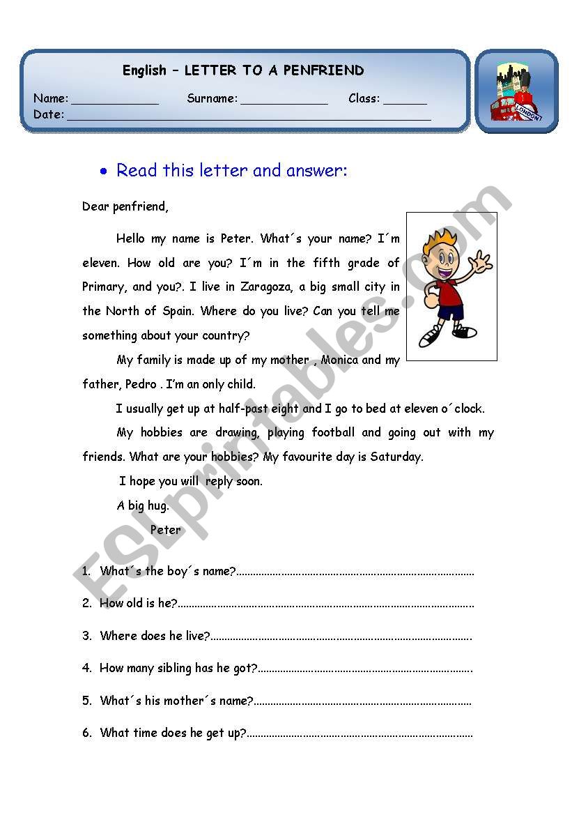 Letter to a penfriend worksheet