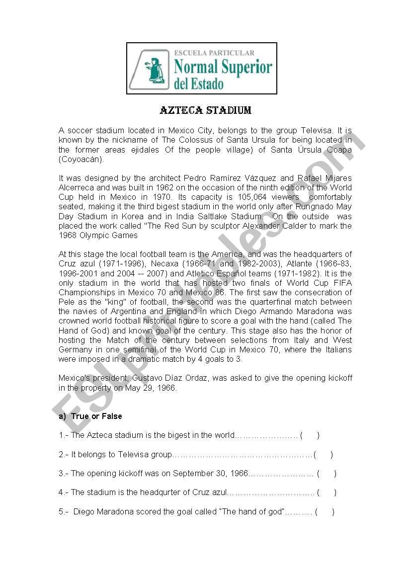 Azteca Stadium worksheet