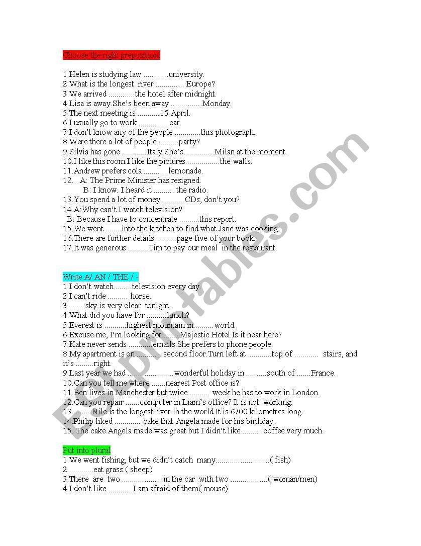 Prepositions, Plural of Nouns, Articles