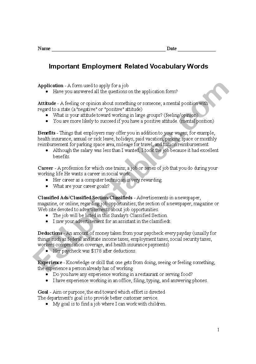 Employment worksheet