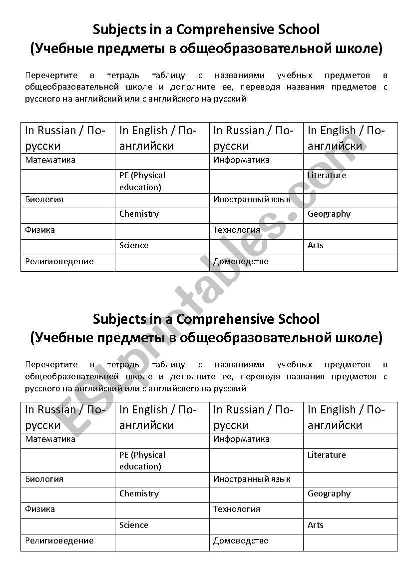 School Subjects worksheet