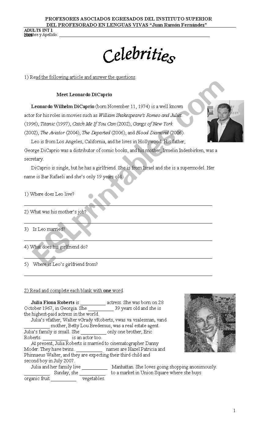 Celebrities worksheet