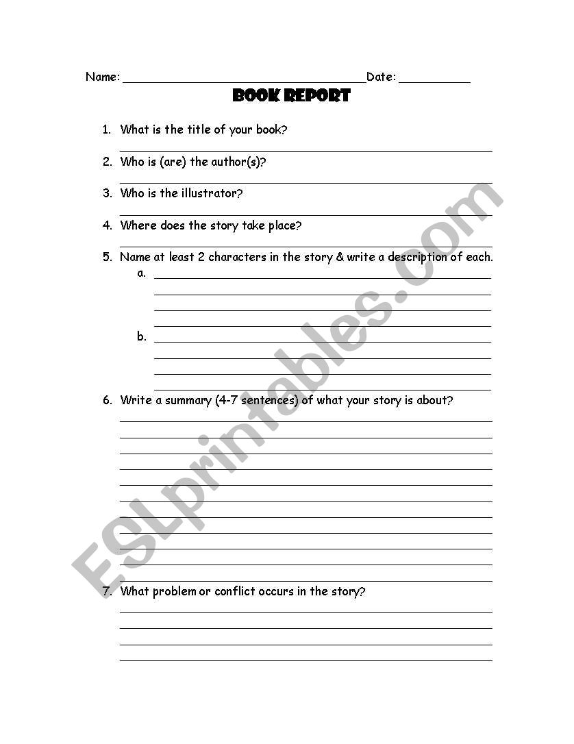 Book Report worksheet