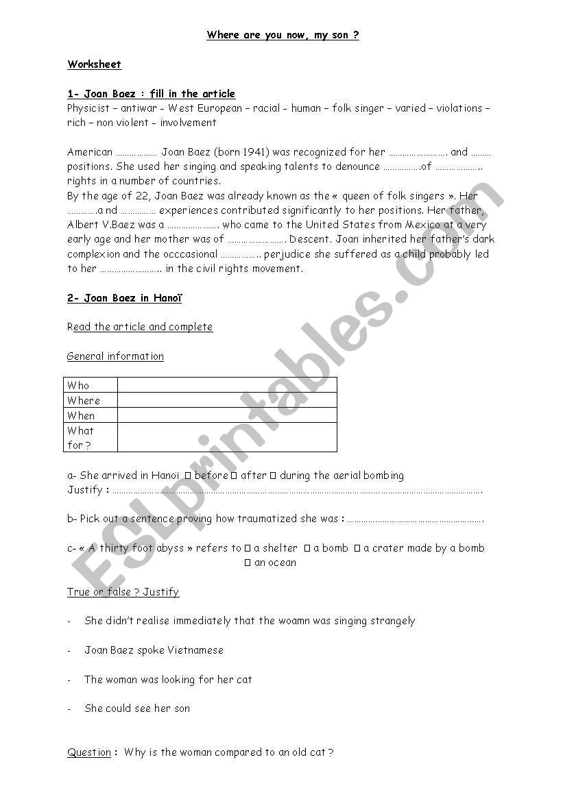 where are you now, my son ? worksheet