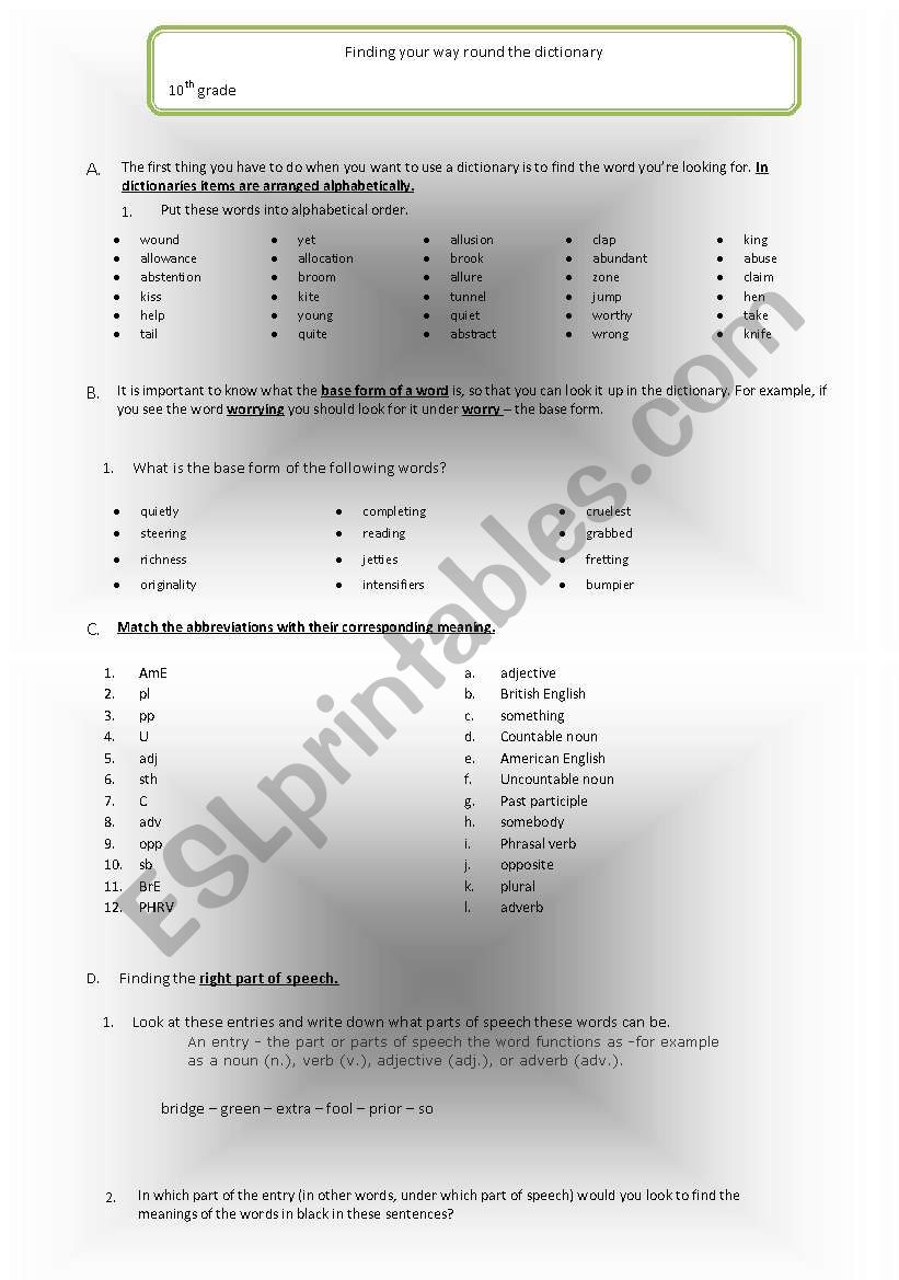 dictionary exercises worksheet