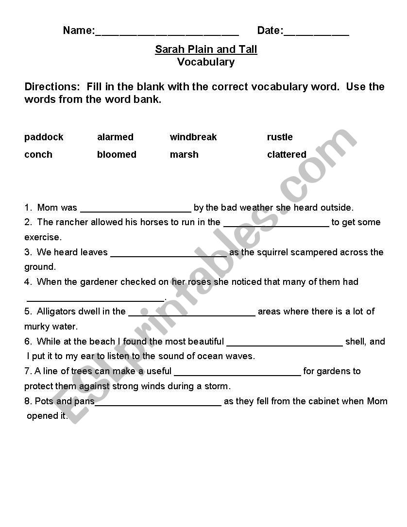 English Worksheets Sarah Plain And Tall Vocabulary Test
