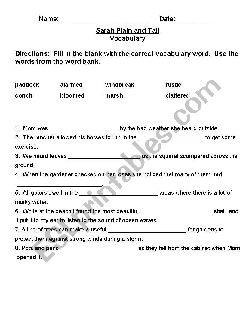 English worksheets: Sarah, Plain and Tall Vocabulary Test Within Sarah Plain And Tall Worksheet
