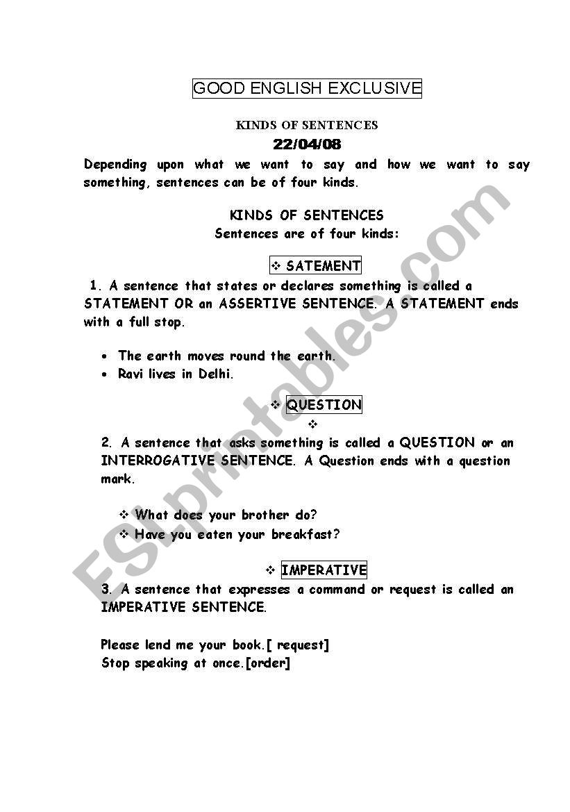 Kinds Of Sentences Worksheet Download