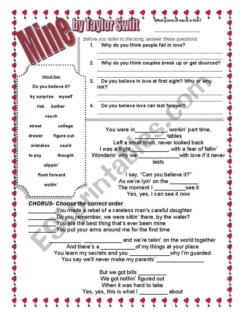 Mine by Taylor Swift worksheet