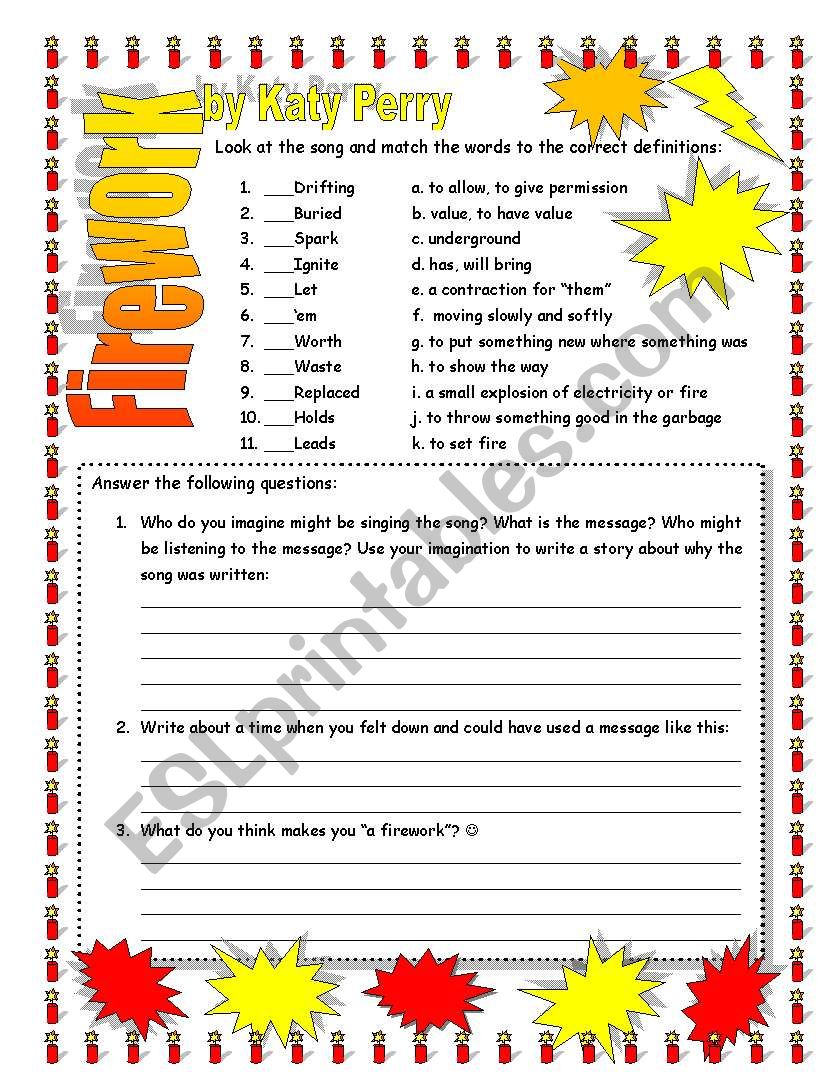 Firework Katy Perry Follow Up Questions Esl Worksheet By Jwendt