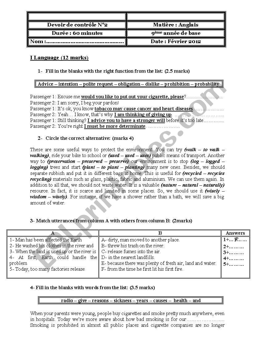 Nineth year test N°3 worksheet