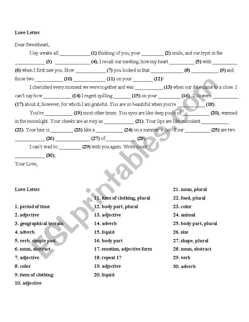 Love Letter Mad Lib worksheet