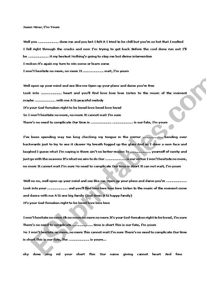 Jason Miraz/ Im Yours Song Worksheet