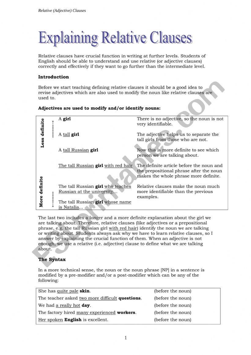 Explaining Relative Clauses + Exercises + Key